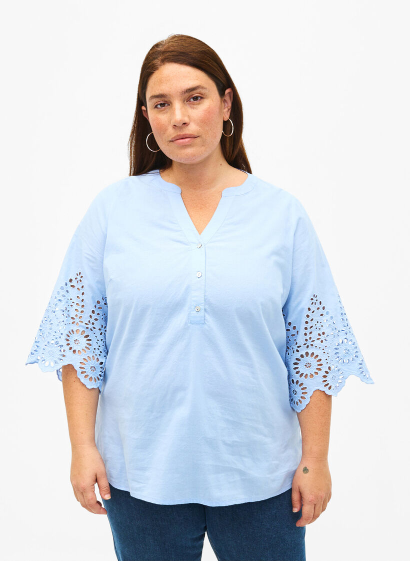 Shirt blouse met broderie anglaise en 3/4-mouwen, Serenity, Model image number 0