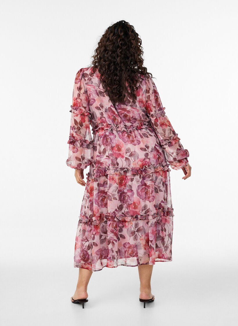Midi-jurk met bloemenprint met ruches en doorschijnende mouwen, Roze, Model image number 1