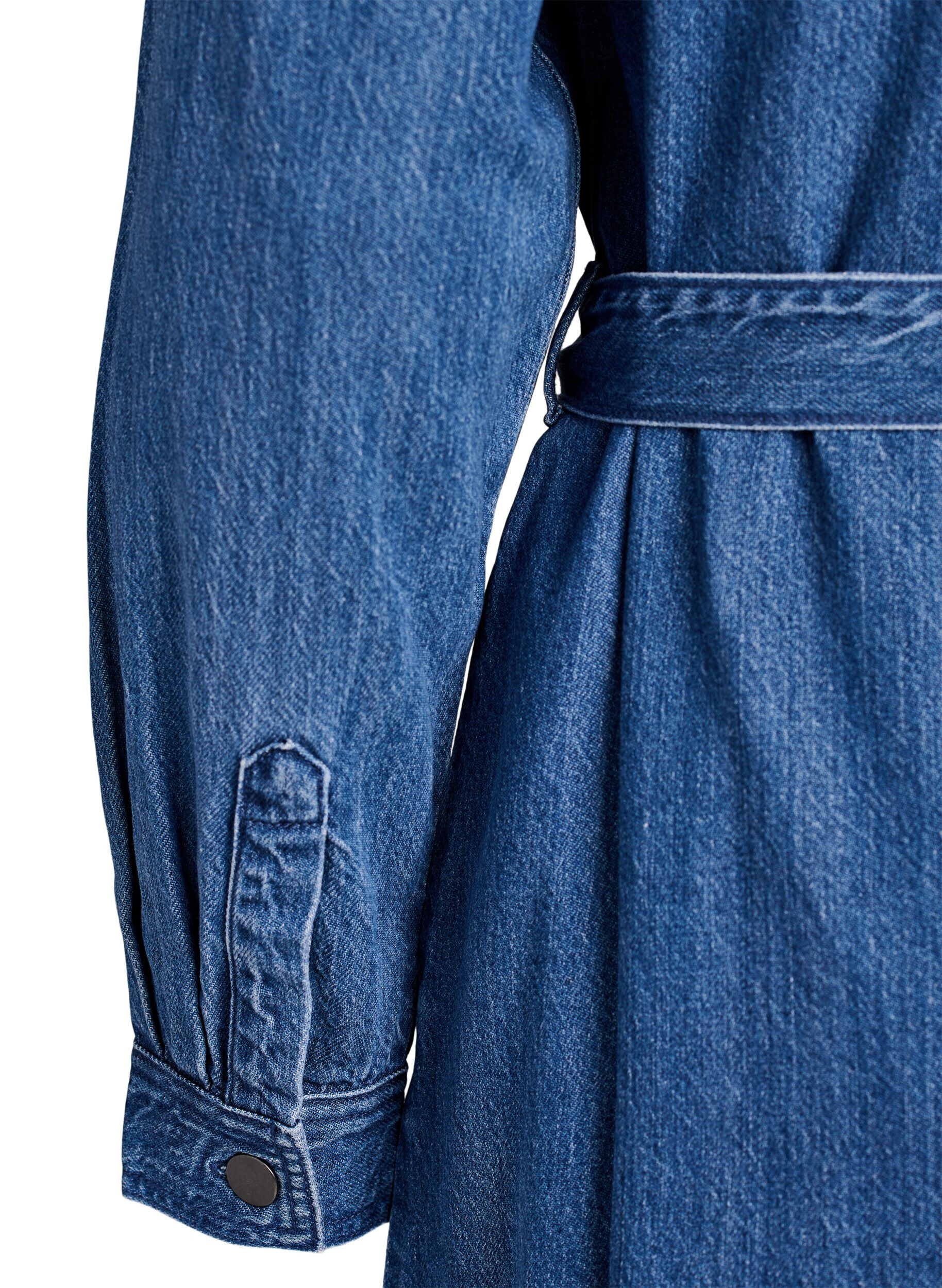 Zizzi Denim overhemdjurk met strikceintuur en zijzakken, Blauw, Packshot image number 3