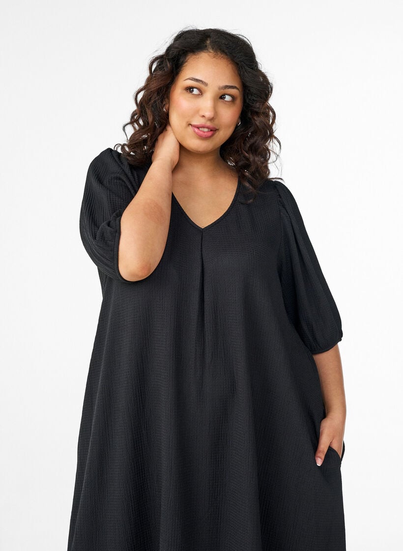 Midijurk met V-hals en textuur, Zwart, Model image number 2