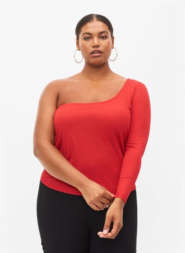 Een-schouder blouse, Tango Red, Model image number 0