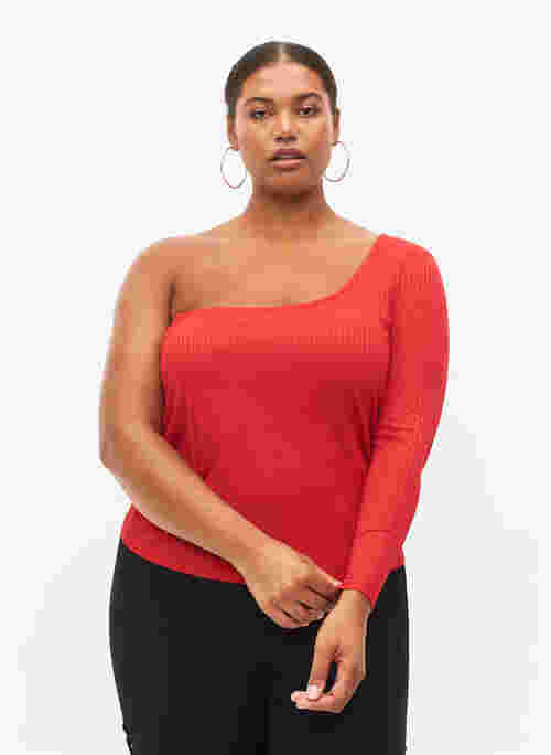 Een-schouder blouse, Tango Red, Model