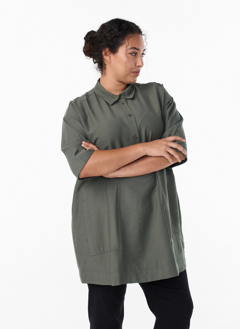 Tunic in viscose met zakken en kraag, Groen, Model image number 0