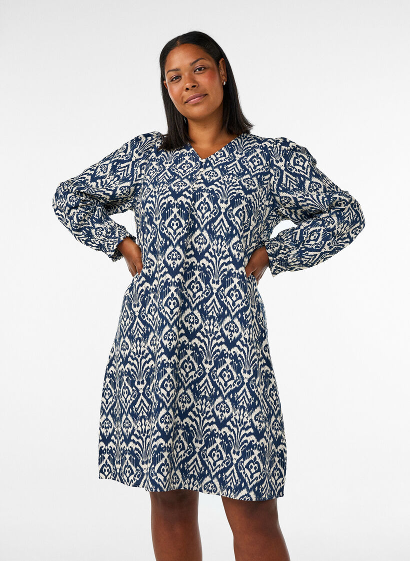 Jurk van viscose met patroon en lange mouwen, Blauw, Model image number 0
