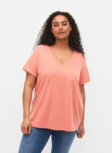 T-shirt met korte mouwen en v-hals, Bright Coral, Model image number 0