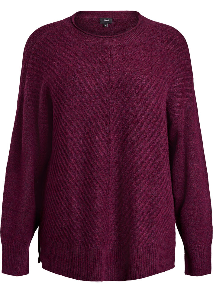 Gebreide blouse met V-vormig geribd patroon en zijsplitjes, Paars, Packshot image number 0
