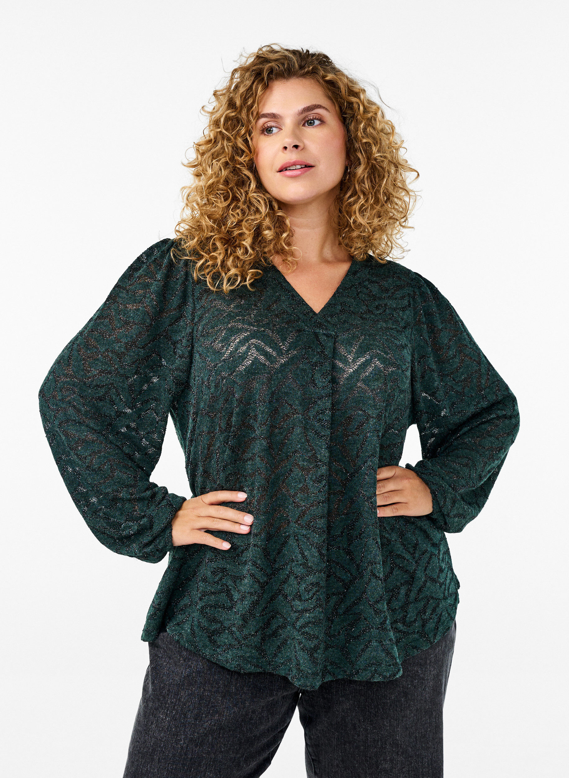 Zizzi Blouse met lange mouwen met glitter en patroon, Groen, Model image number 0