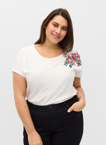 Katoenen t-shirt met korte mouwen en borduursel, Warm Off-white, Model image number 0