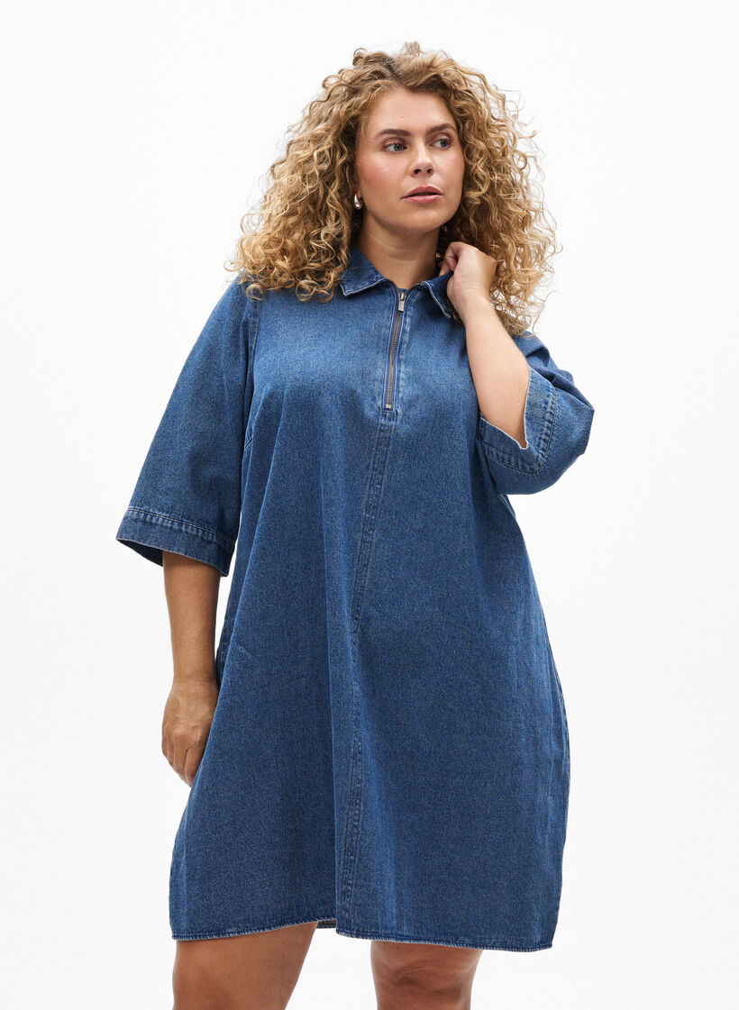 Korte denimjurk met ritssluiting en 3/4 mouwen, Blauw, Model image number 0