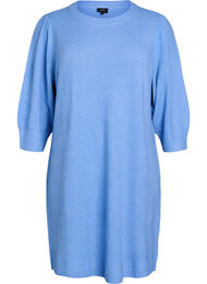 Gebreide jurk met 3/4 mouwen en een ronde hals, D.R. Blue White Mel.