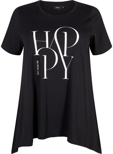 T-shirt van katoen met tekstopdruk, Black HAPPY, Packshot image number 0