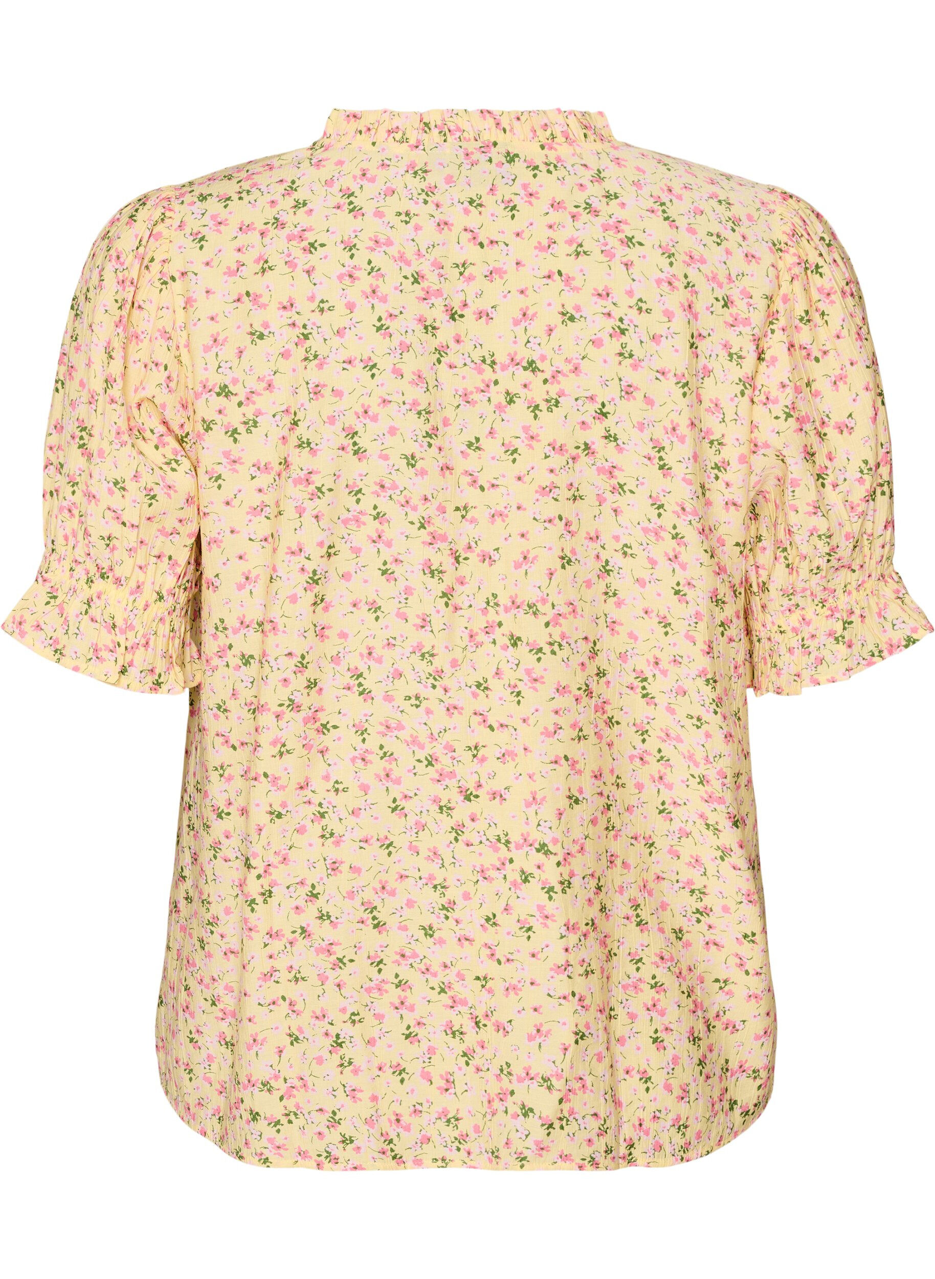 ZizziViscose bloemenblouse met korte mouwen en een rucheskraag, Geel, Packshot image number 1