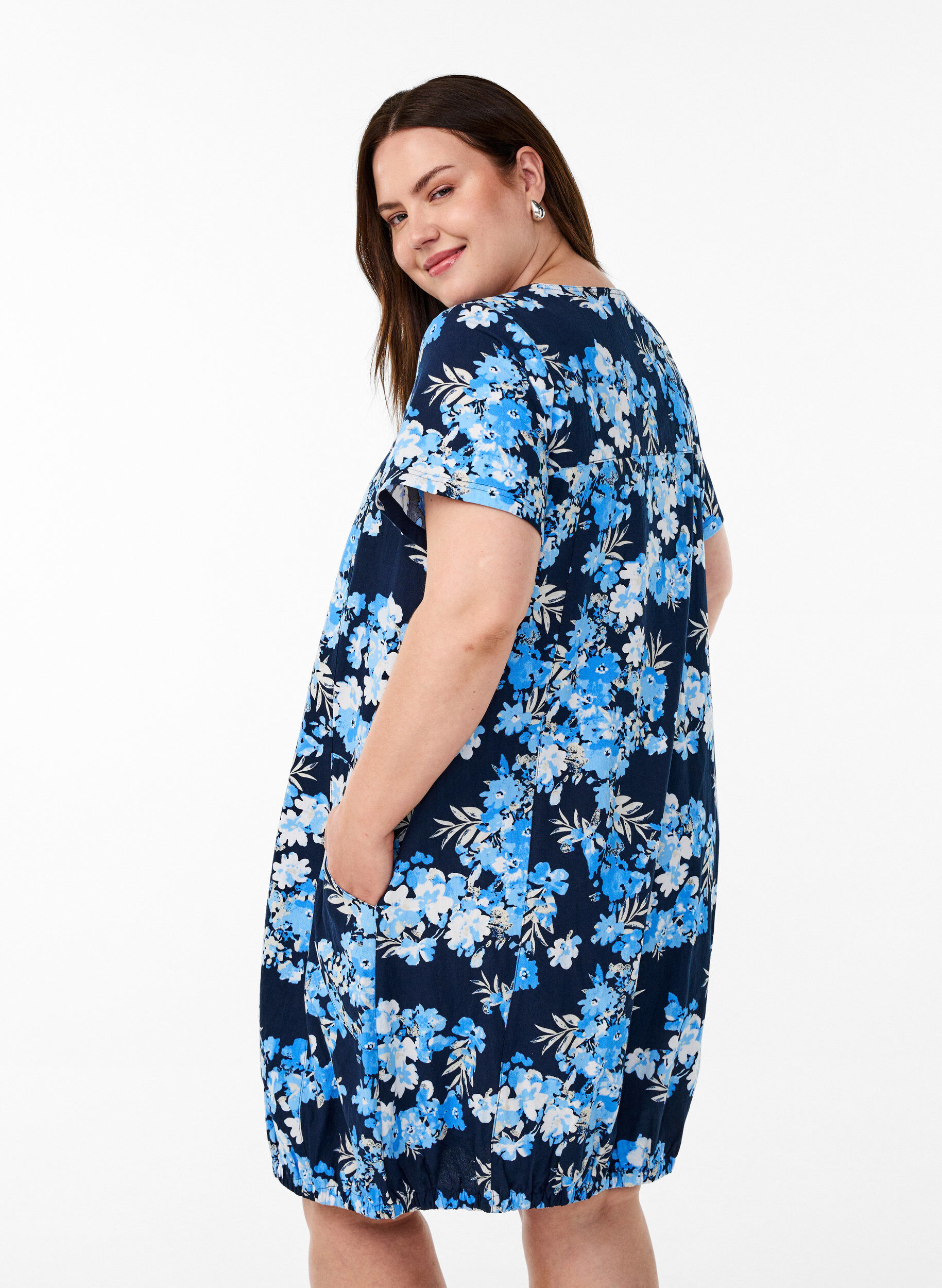 Zizzi Katoenen jurk met korte mouwen en print, Blauw, Model image number 2