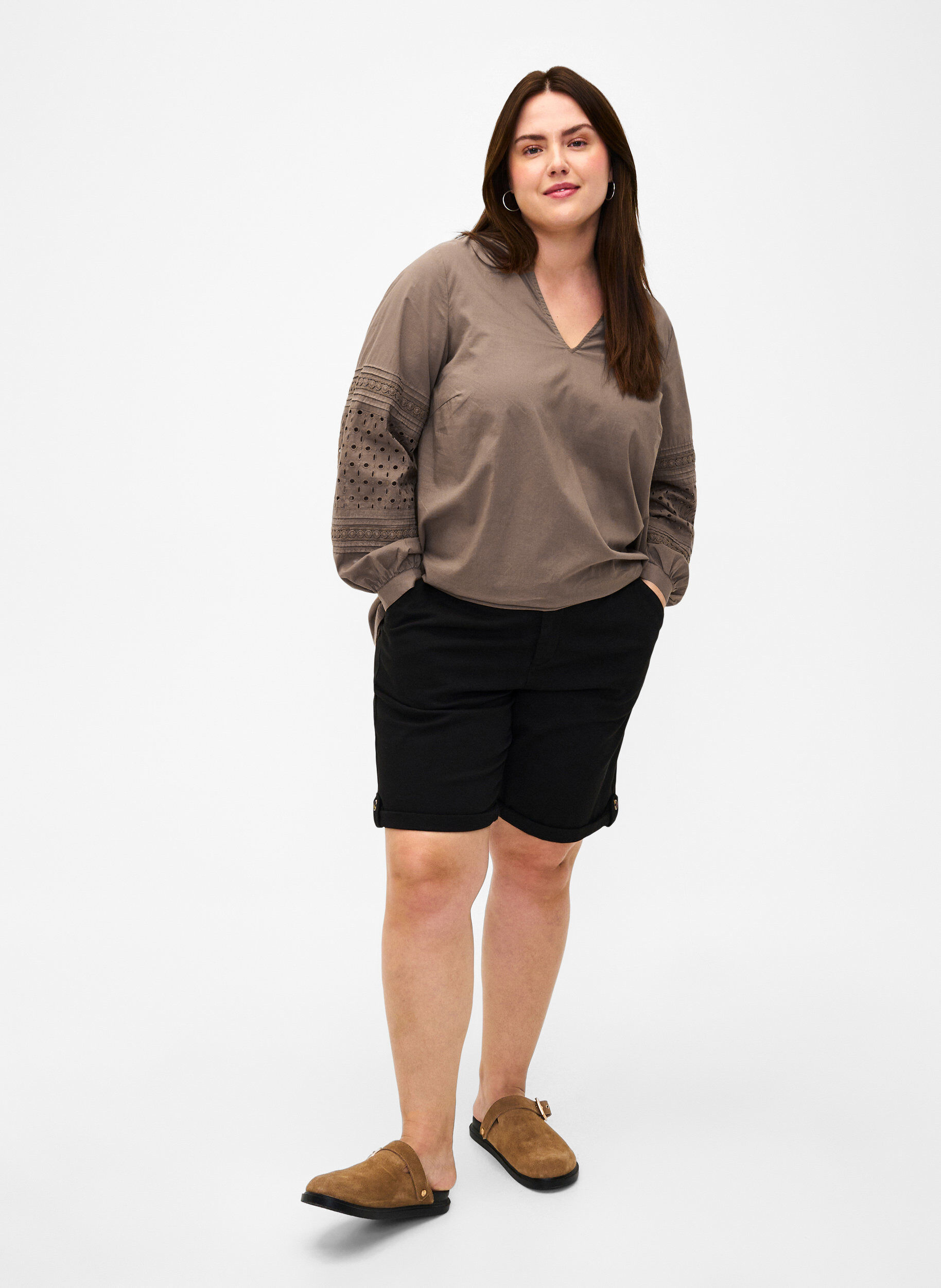 Zizzi Blouse met lange mouwen en decoratieve details, Caribou, Model image number 2