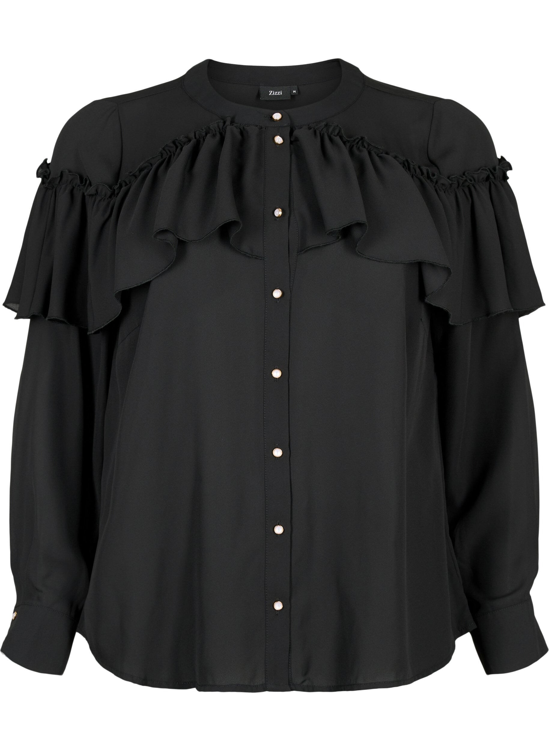 Zizzi Ruche blouse met parelknopen, Black, Packshot image number 0