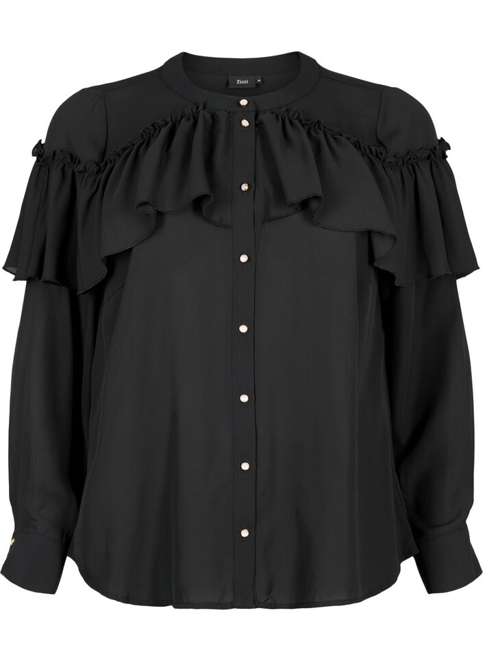 Ruche blouse met parelknopen, Black, Packshot image number 0