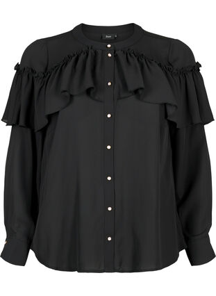 Ruche blouse met parelknopen, Black, Packshot image number 0