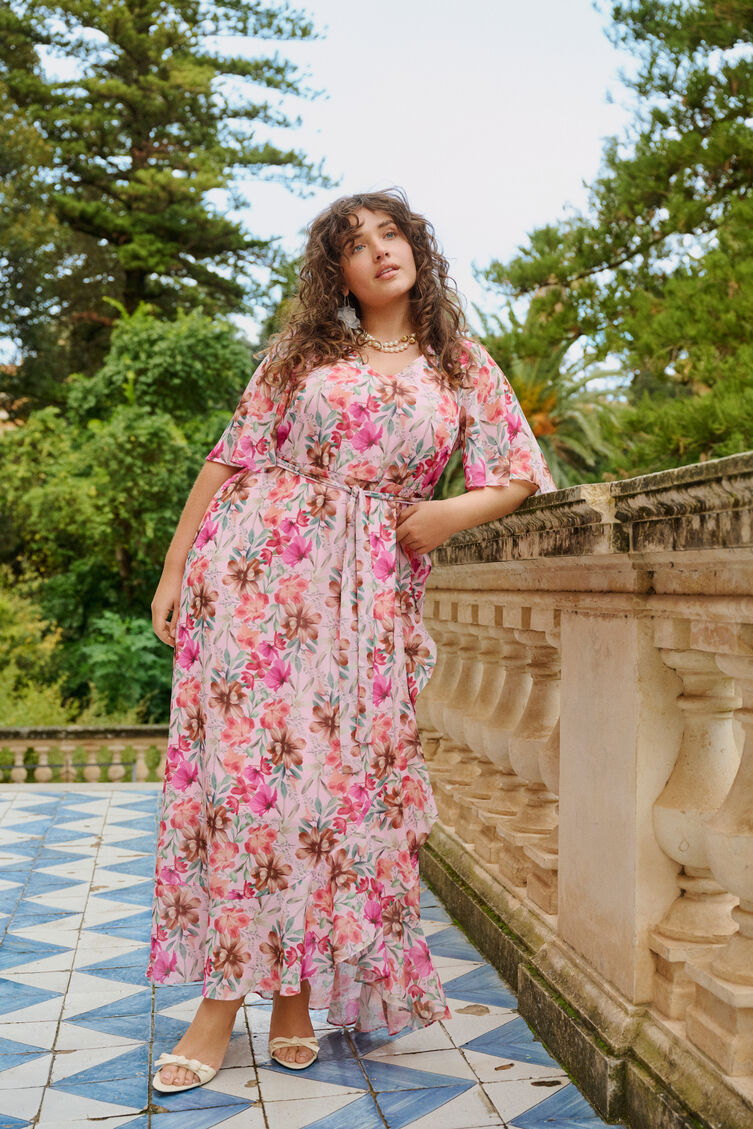 Floral jurk met V-hals, , Model