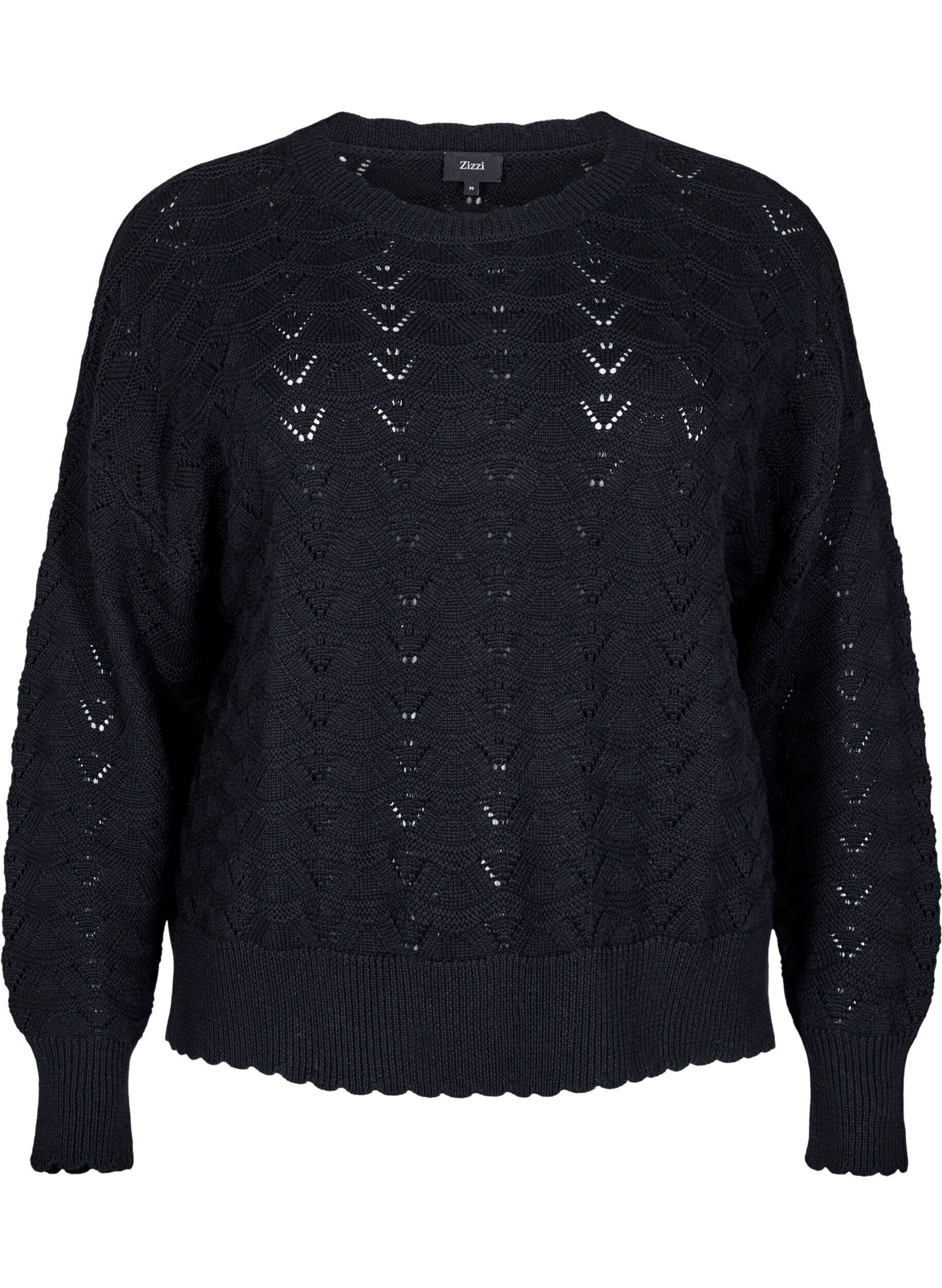 Zizzi Gebreide blouse met lange mouwen en een opengewerkt patroon, Black, Packshot image number 0