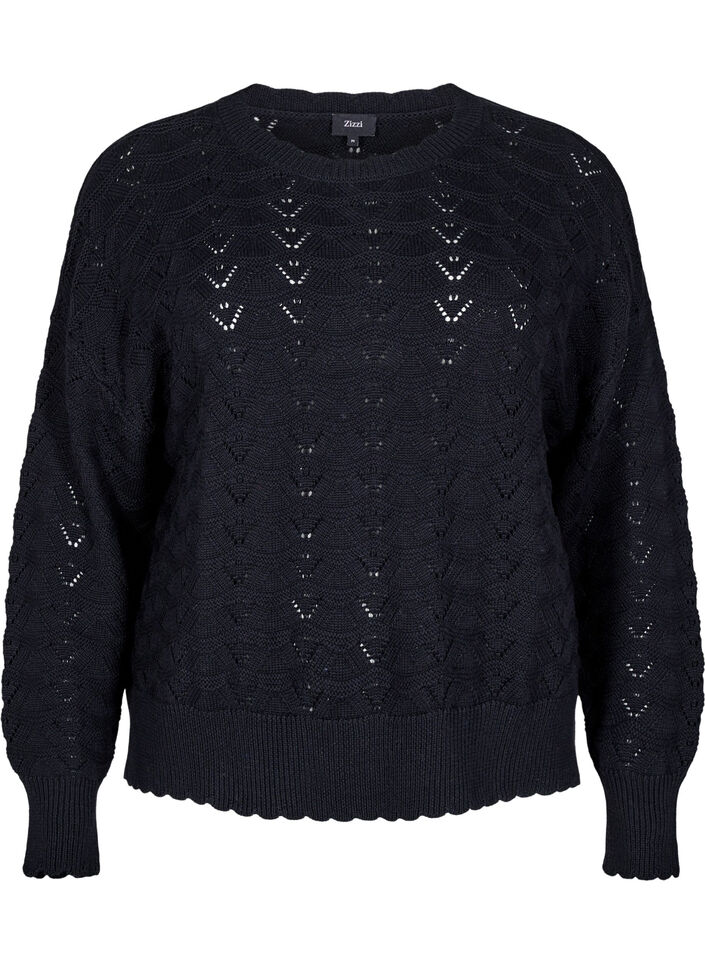 Gebreide blouse met lange mouwen en een opengewerkt patroon, Black, Packshot image number 0