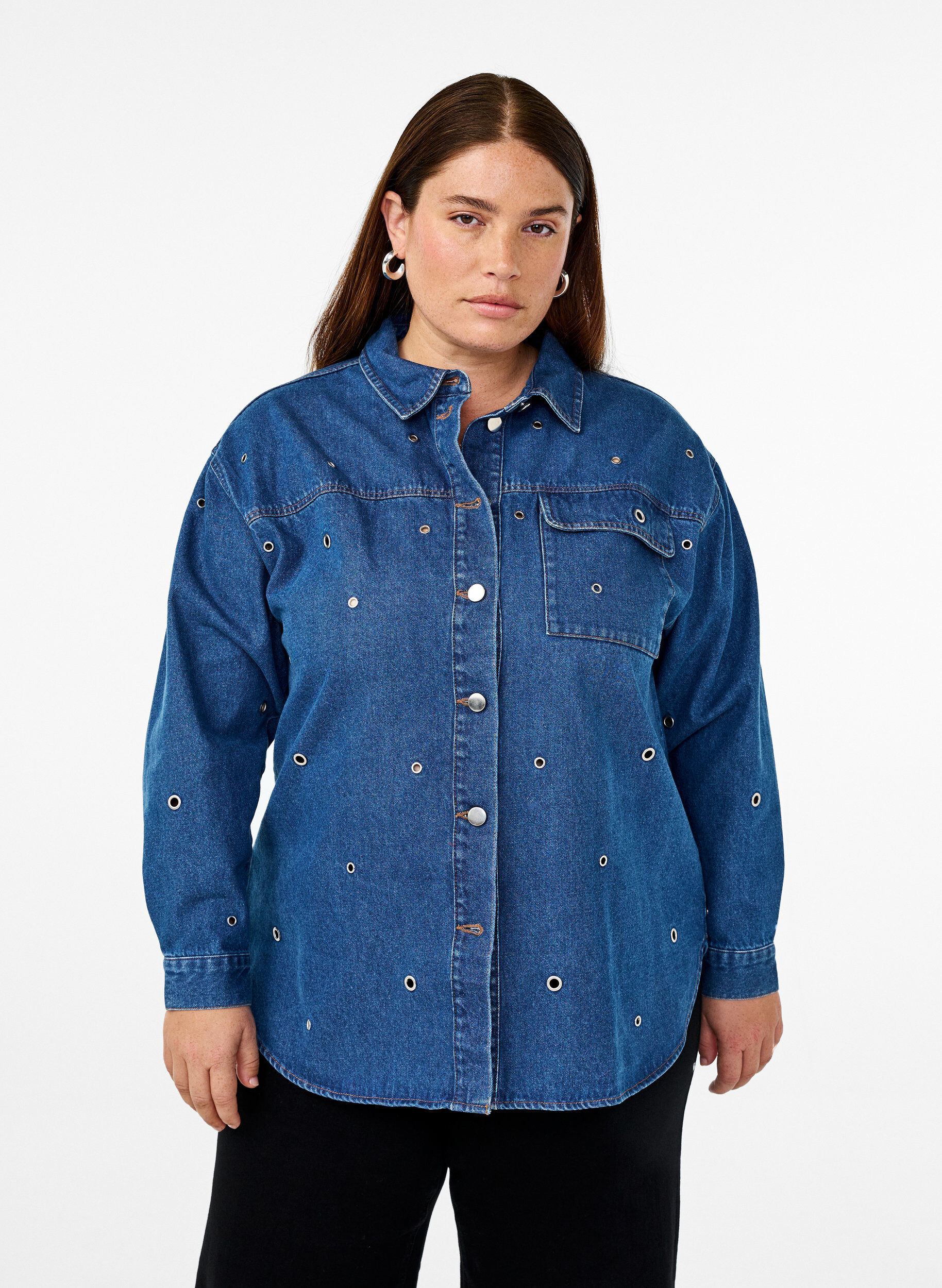 Denim shirt met oogjes, Blauw, Model