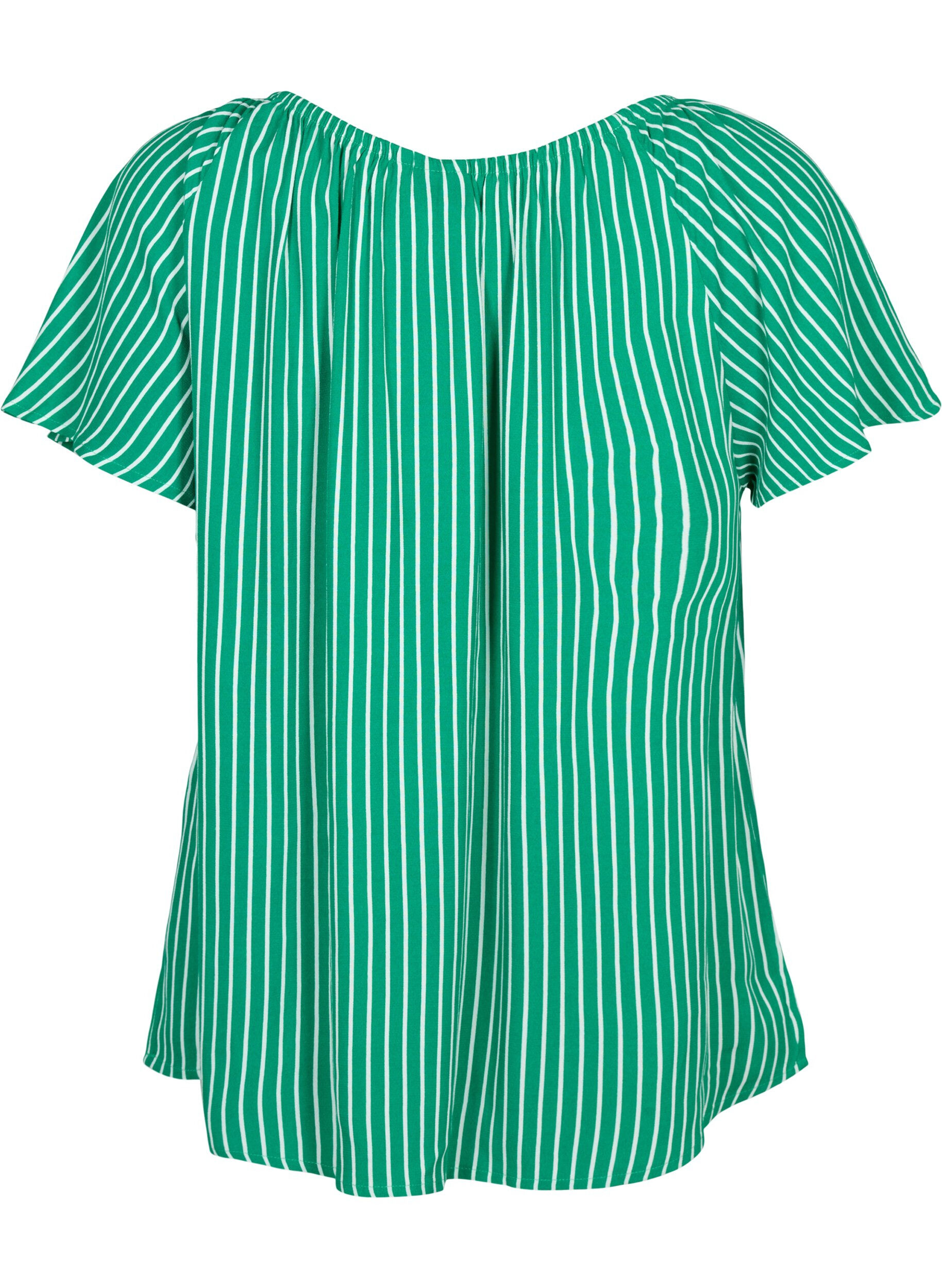 Zizzi Effen blouse van viscose met korte mouwen, J.Green/White Stripe, Packshot image number 1