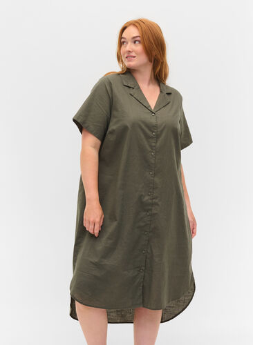Lange katoenen blouse met korte mouwen, Dusty Olive, Model image number 0