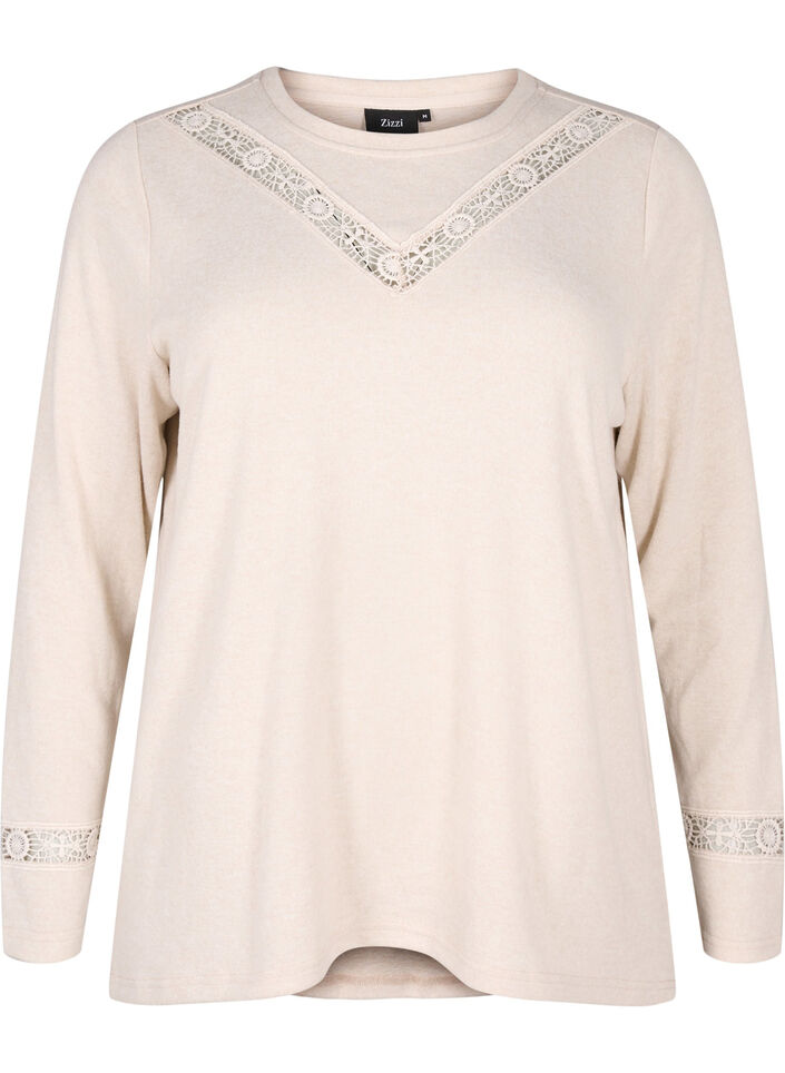 Blouse met geborduurde details en lange mouwen, Beige, Packshot image number 0