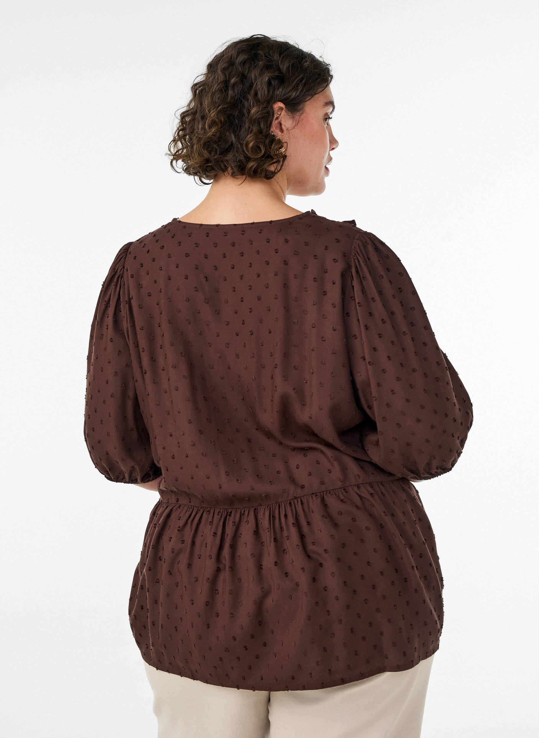 ZizziViscose blouse met een stippenstructuur en V-hals, Bruin, Model image number 2