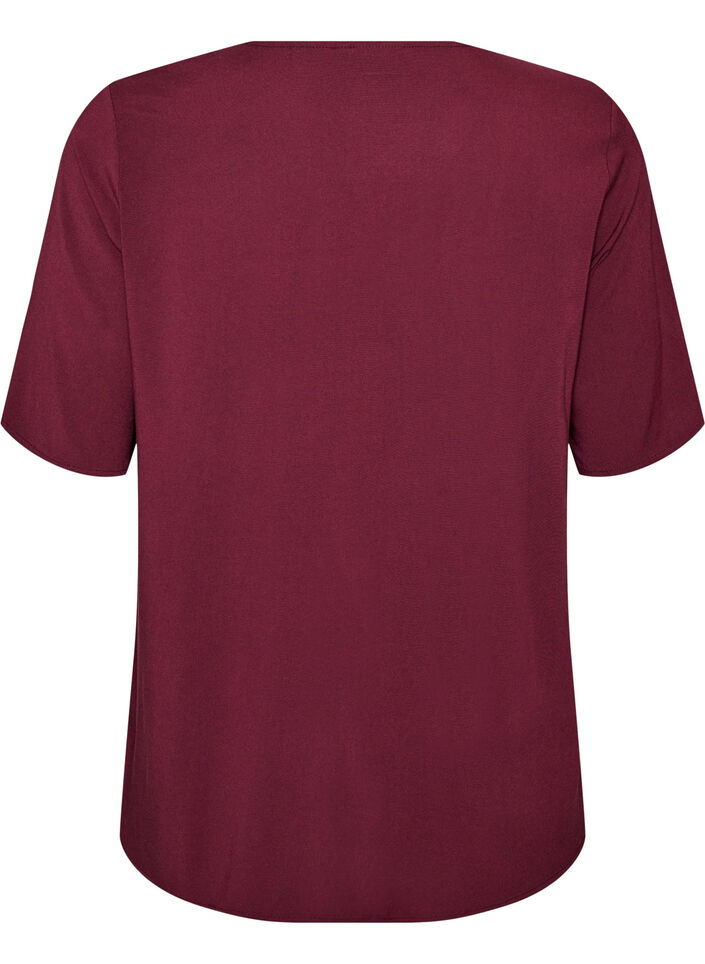 Geweven blouse met korte mouwen en ronde hals, Rood, Packshot image number 1