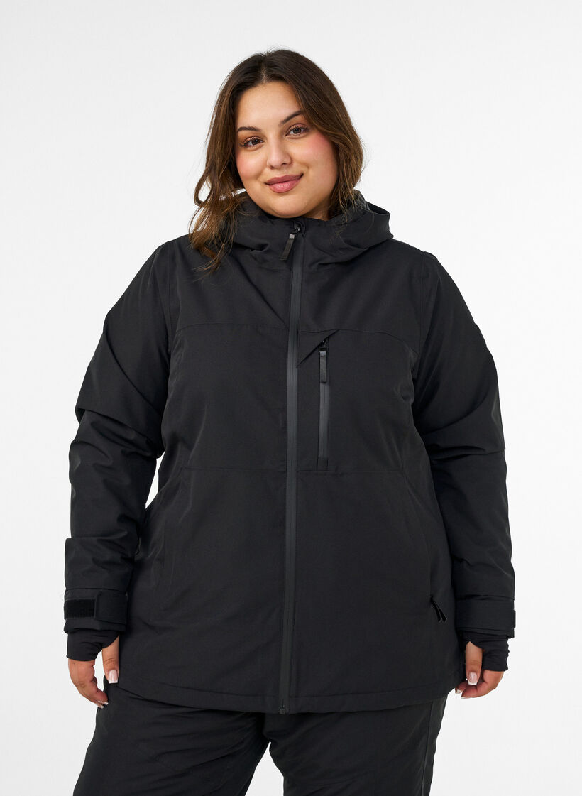 Ski jas met capuchon en zakken met ritssluiting, Zwart, Model image number 0