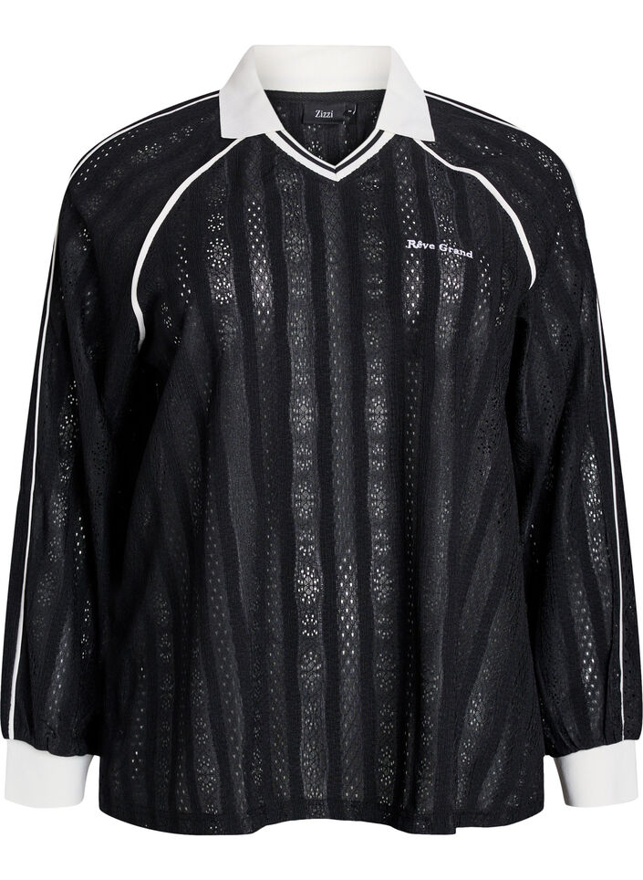 Jersey blouse met een textuur en contrasterende details, Zwart, Packshot image number 0