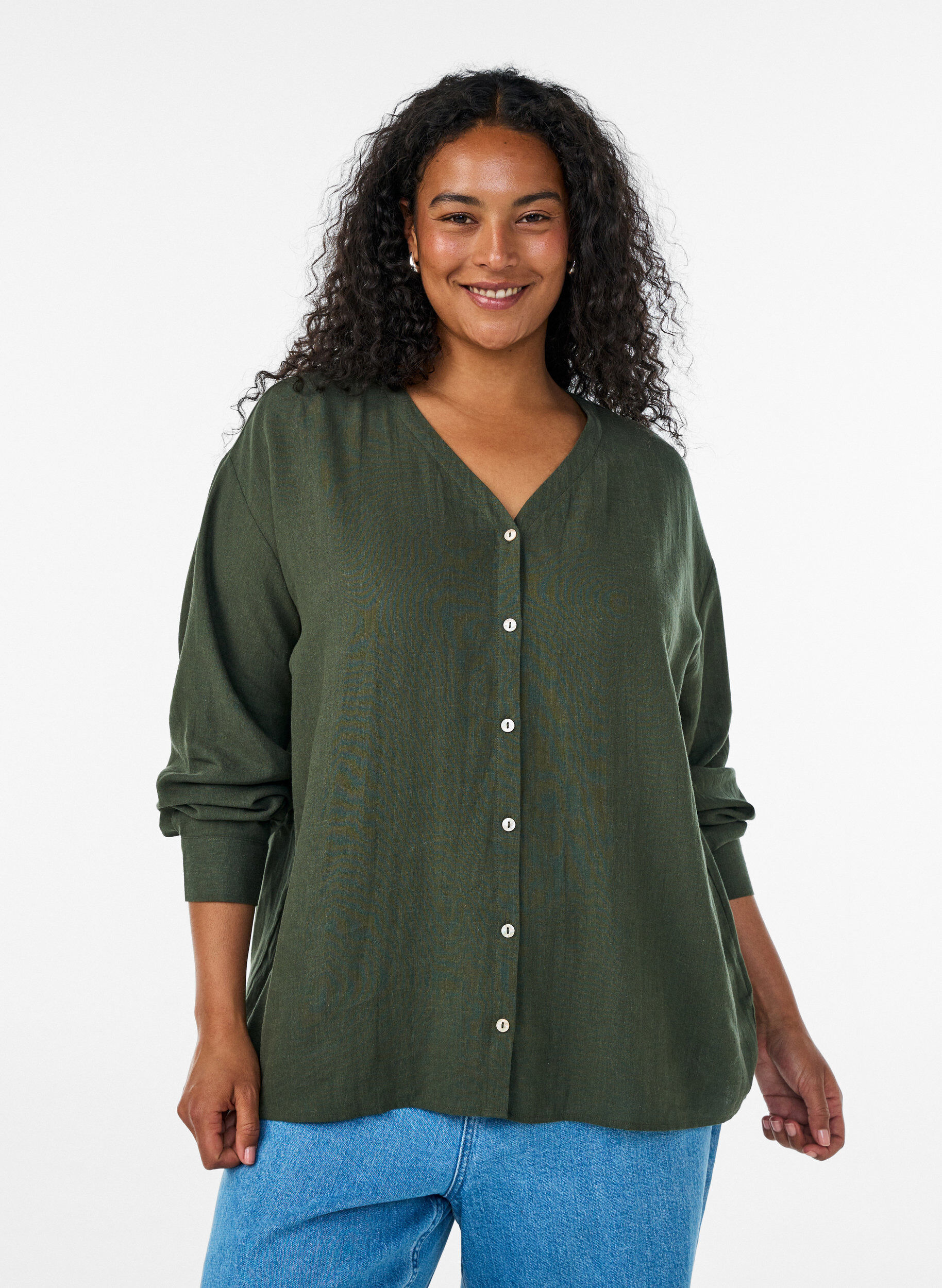 Blouse in linnen en viscose met V-hals, Groen, Model