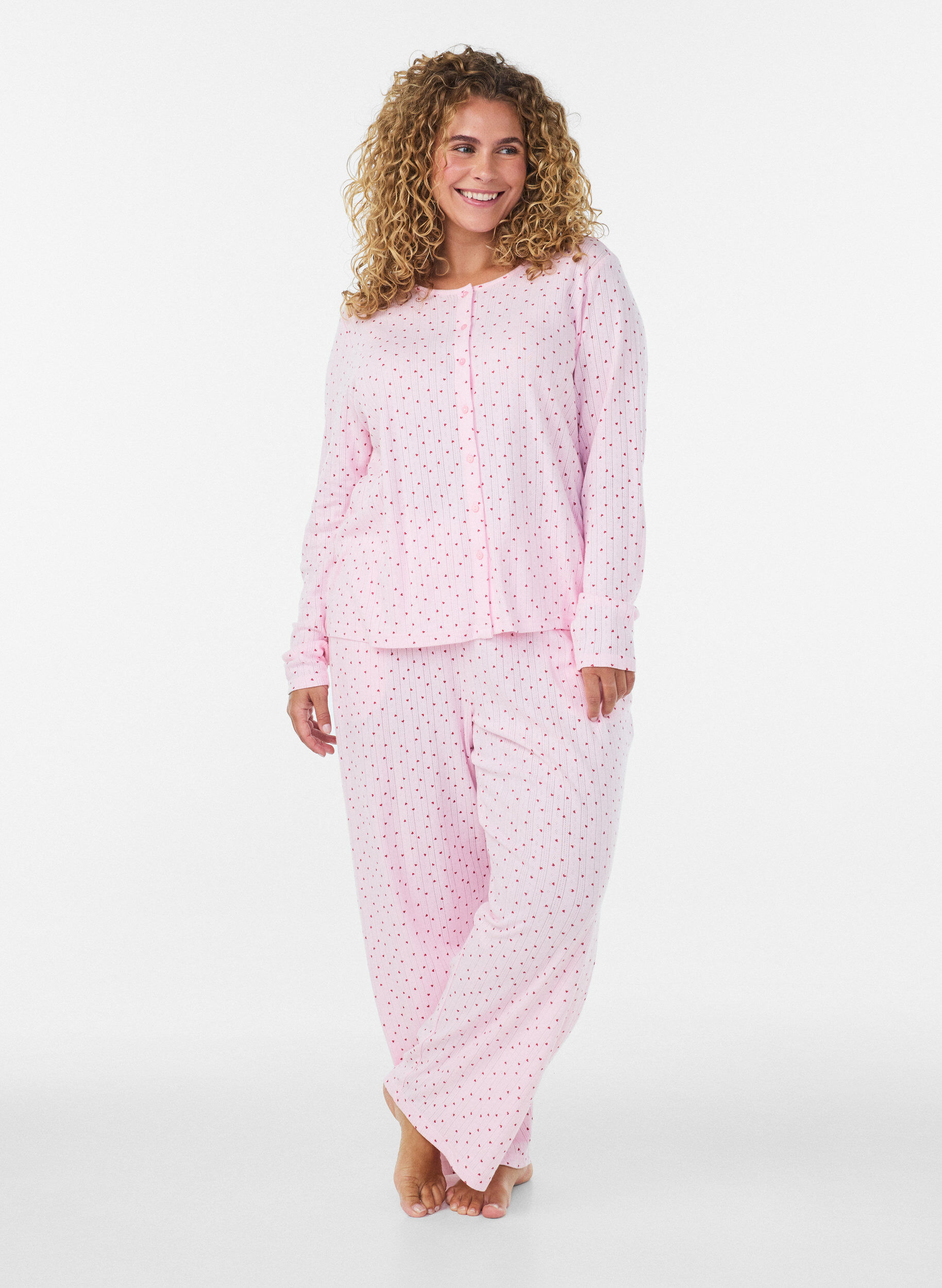 Organisch katoenen pyjamabroek met oogjesborduurwerk, Roze, Model