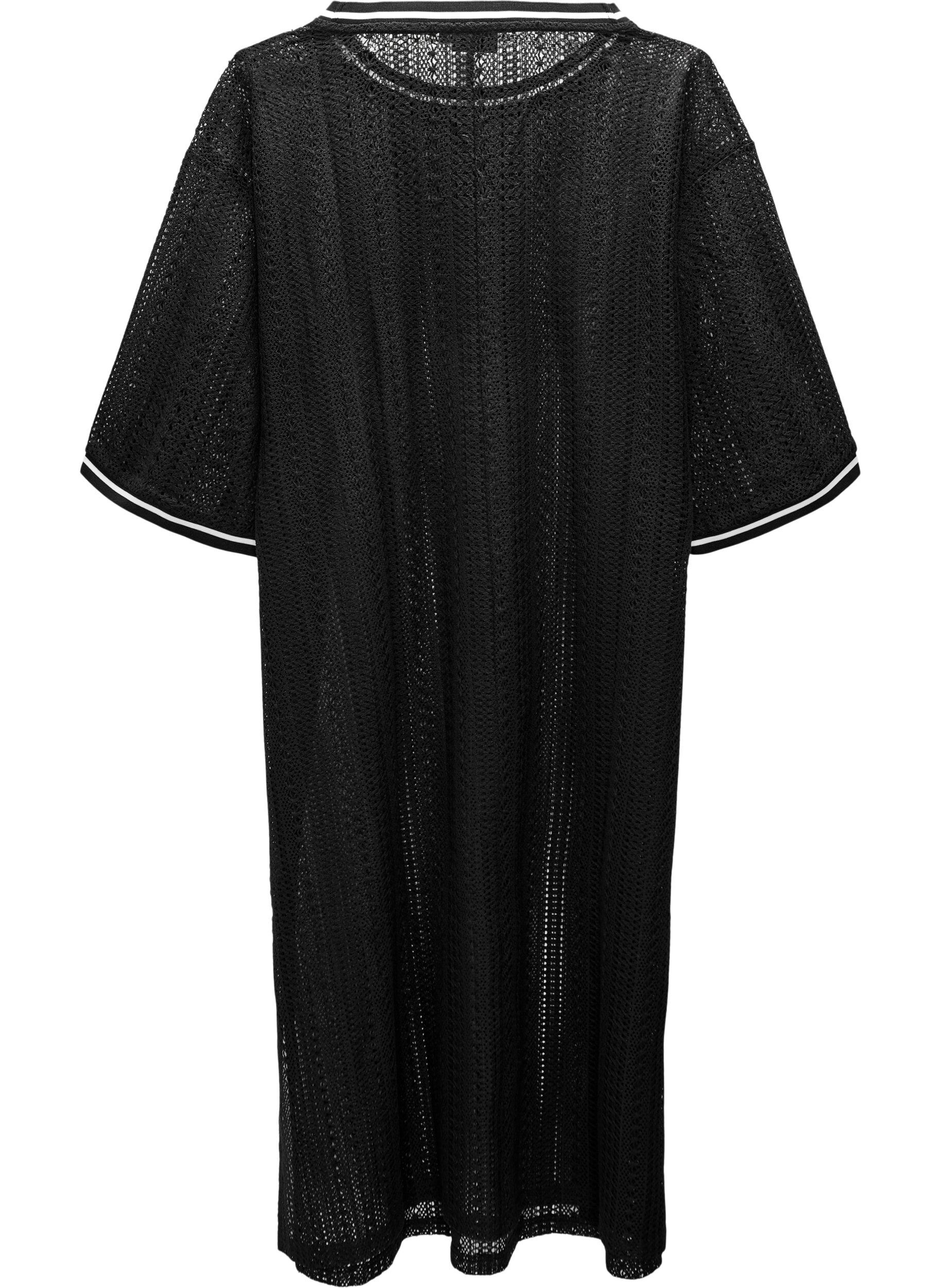 Zizzi Midi-jurk met een opengewerkt patroon en korte mouwen, Zwart, Packshot image number 1