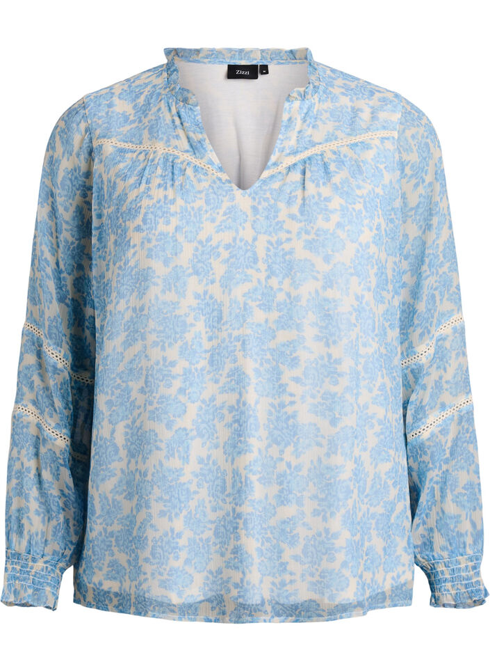 Chiffonblouse met bloemenprint en gehaakte bies, Blauw, Packshot image number 0