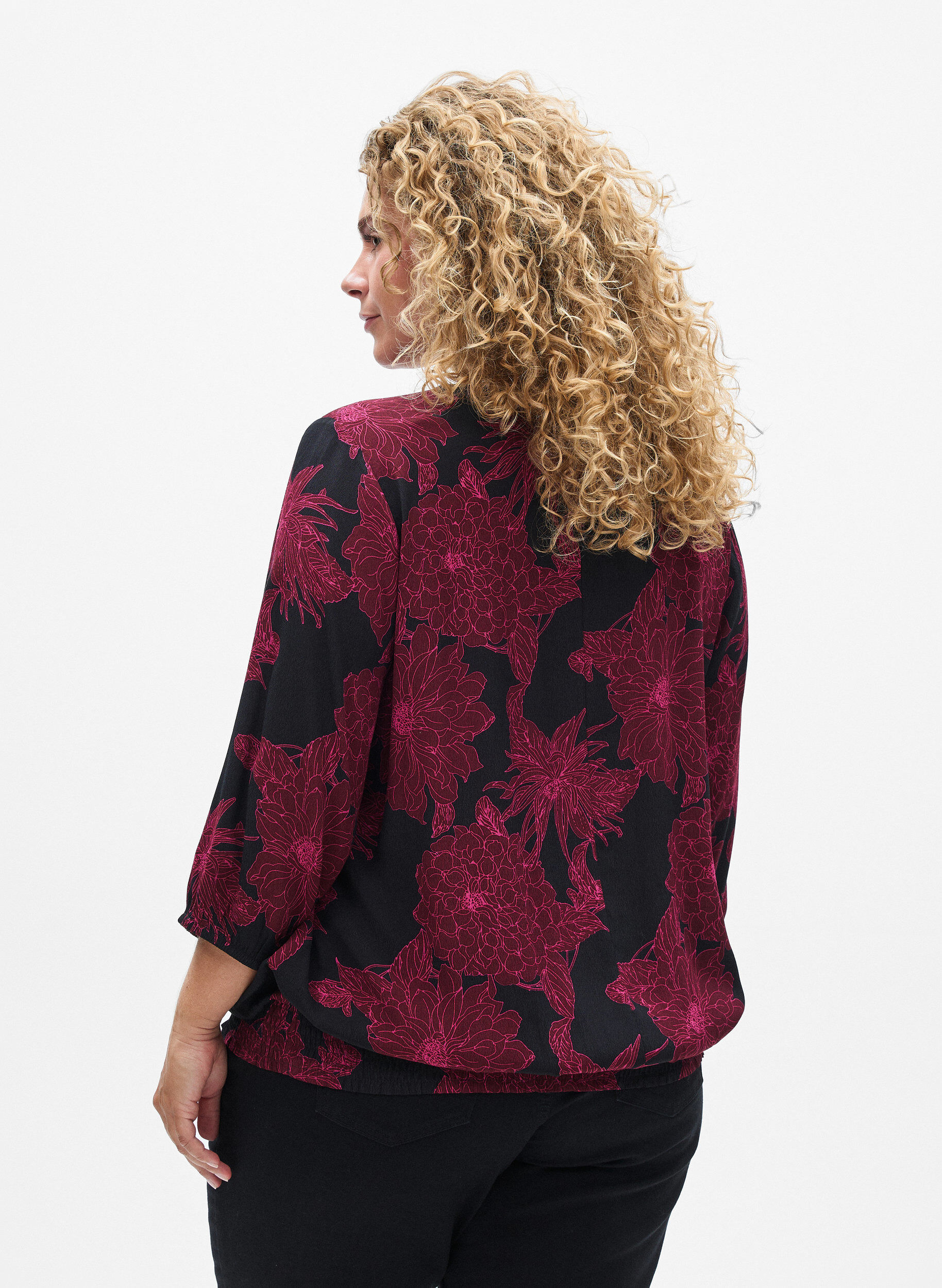 Zizzi Viscose blouse met bloemenprint en smockwerk, Donker Bordeaux, Model image number 2