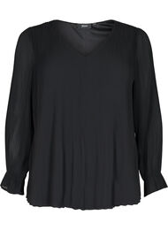 Geplooide blouse met lange mouwen en V-hals, Black