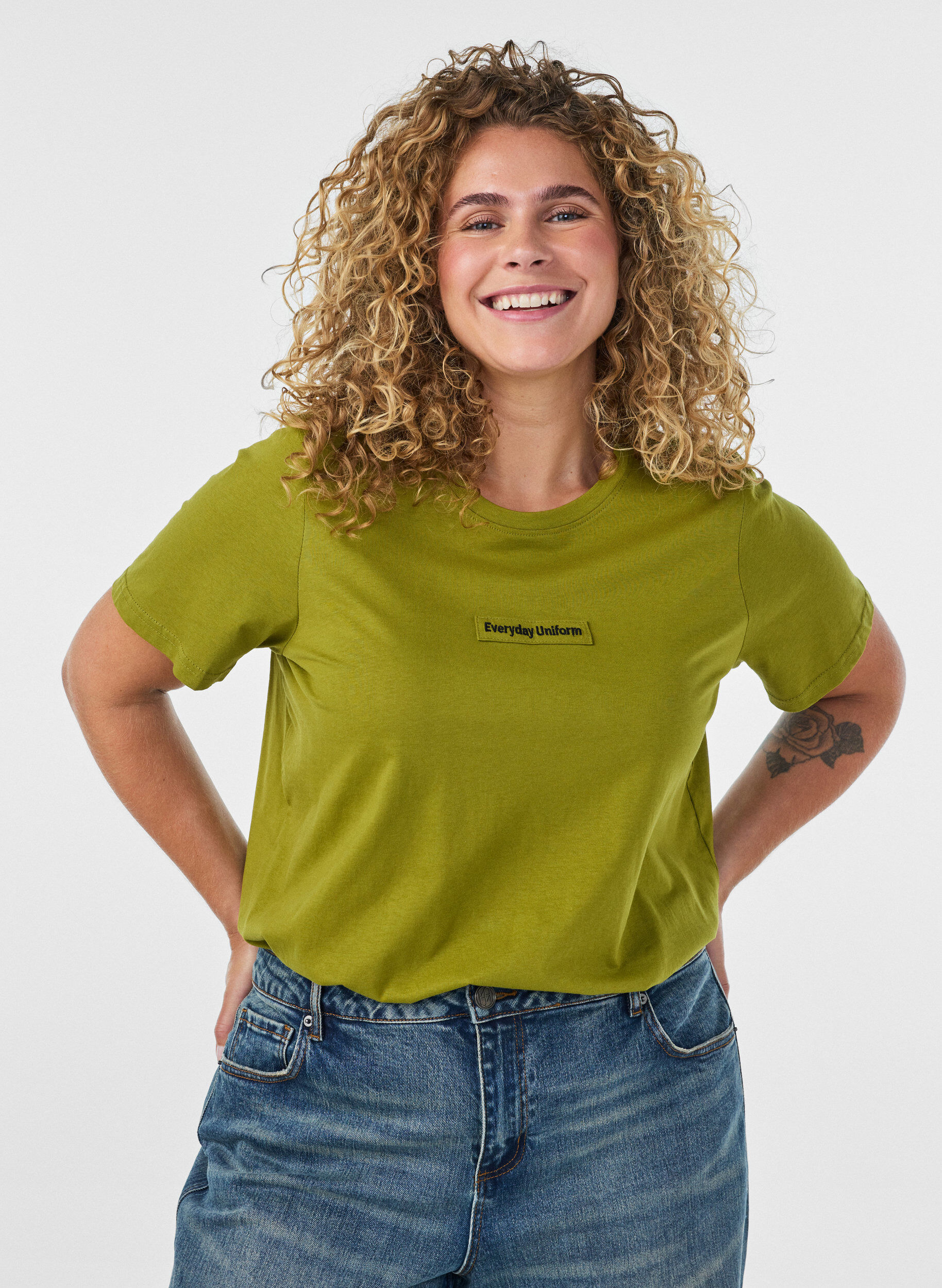 ZizziKatoenen T-shirt met tekstbadge, Groen, Model image number 0
