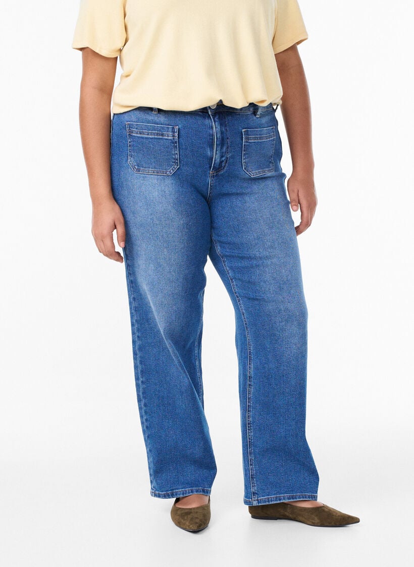 Jeans met zakken aan de voorkant en rechte pijpen, Blauw, Model image number 2
