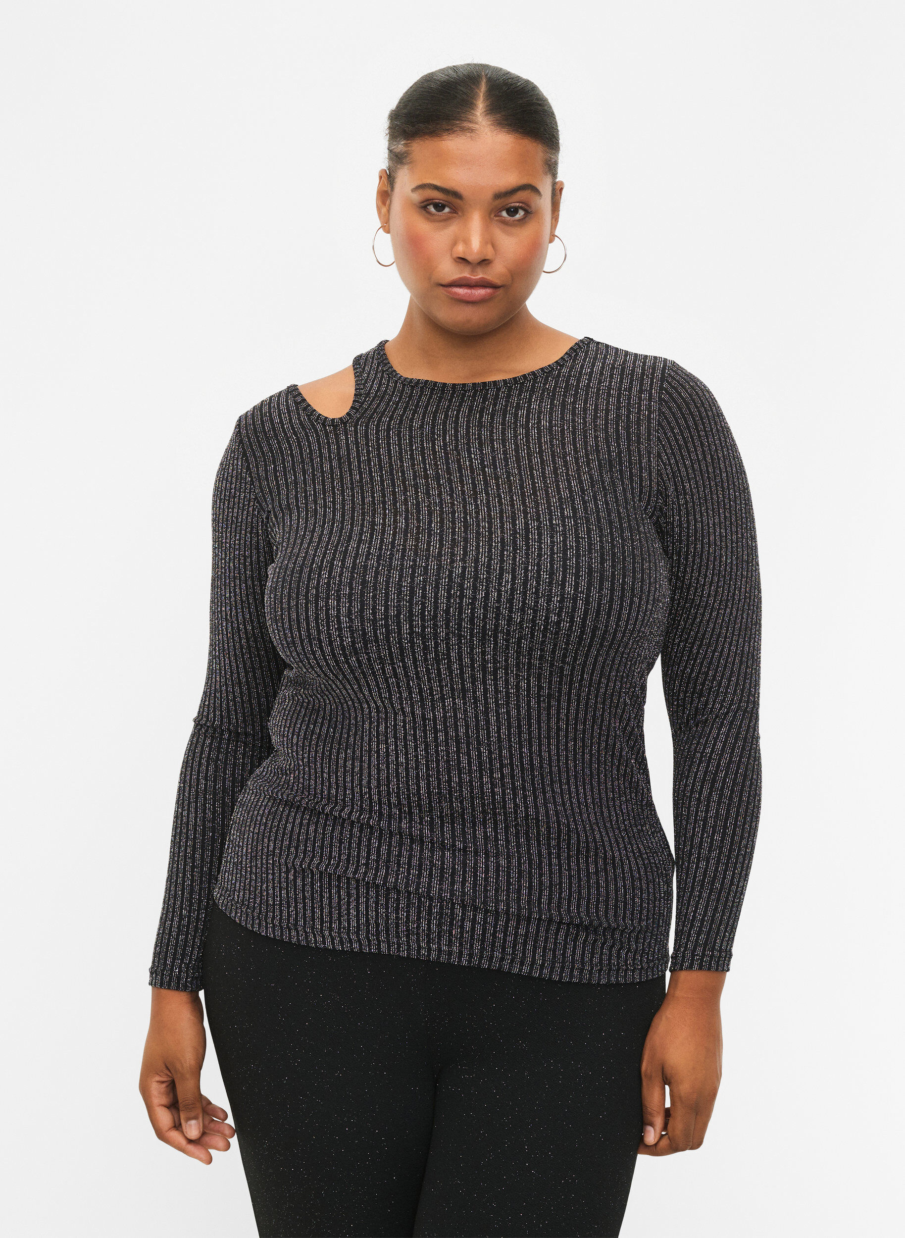 Zizzi Uitgesneden blouse met lange mouwen en glitter, B. w. Silver Stripes, Model image number 0