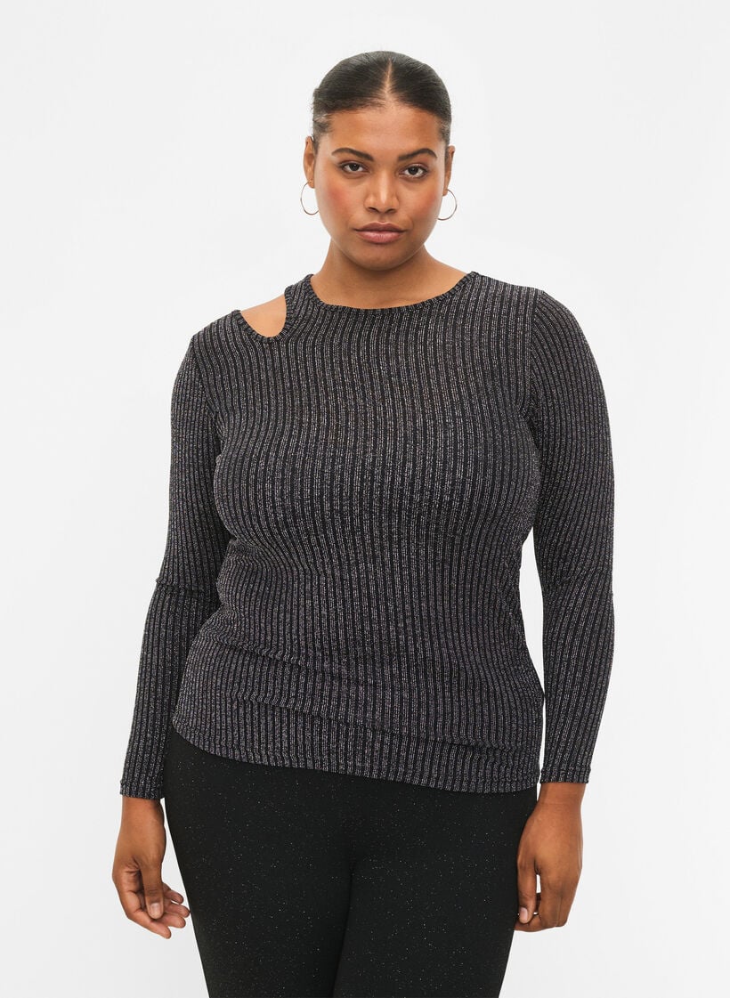 Uitgesneden blouse met lange mouwen en glitter, B. w. Silver Stripes, Model image number 0