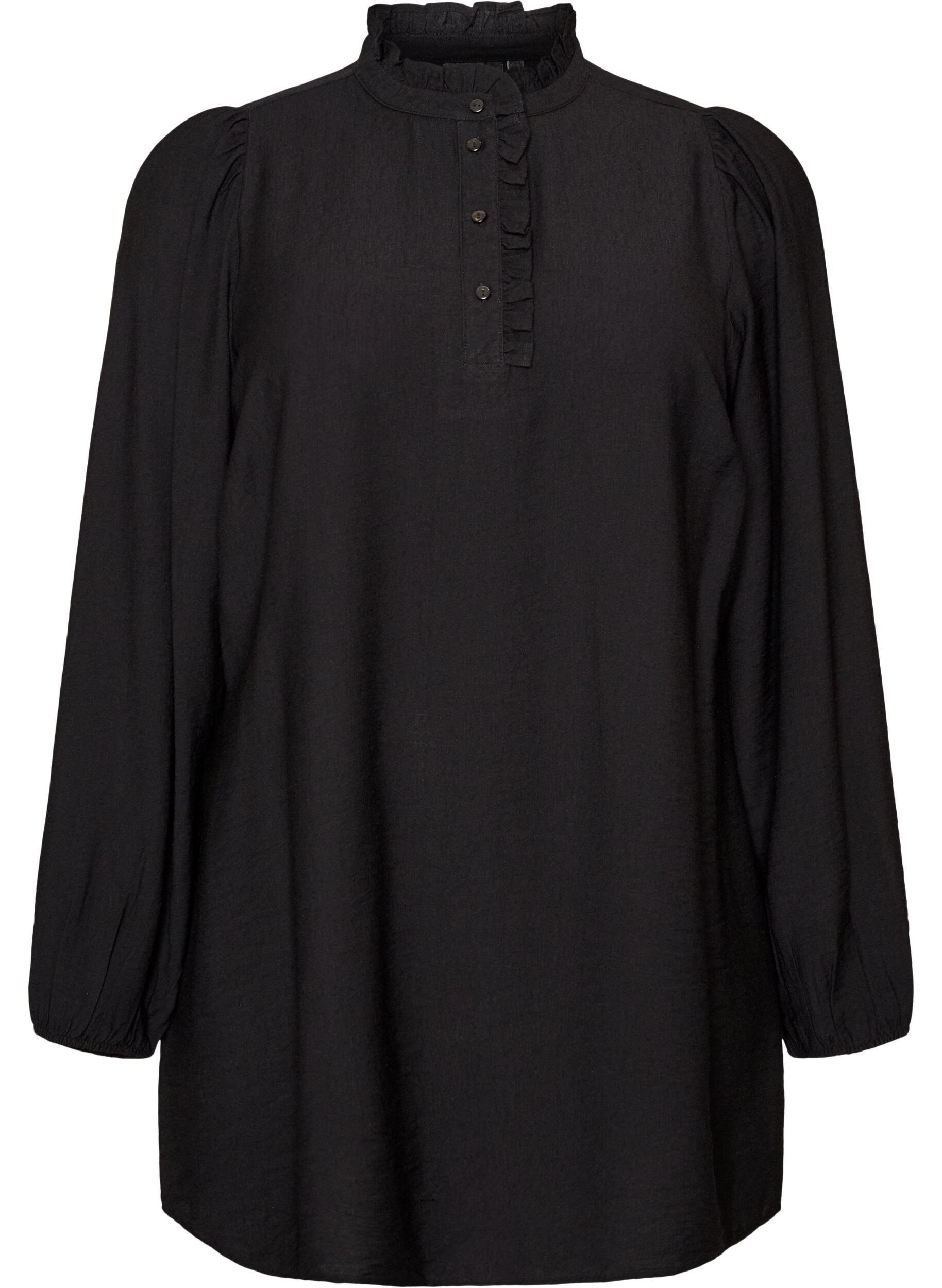 ZizziViscose tuniek met ruches en knopen, Zwart, Packshot image number 0