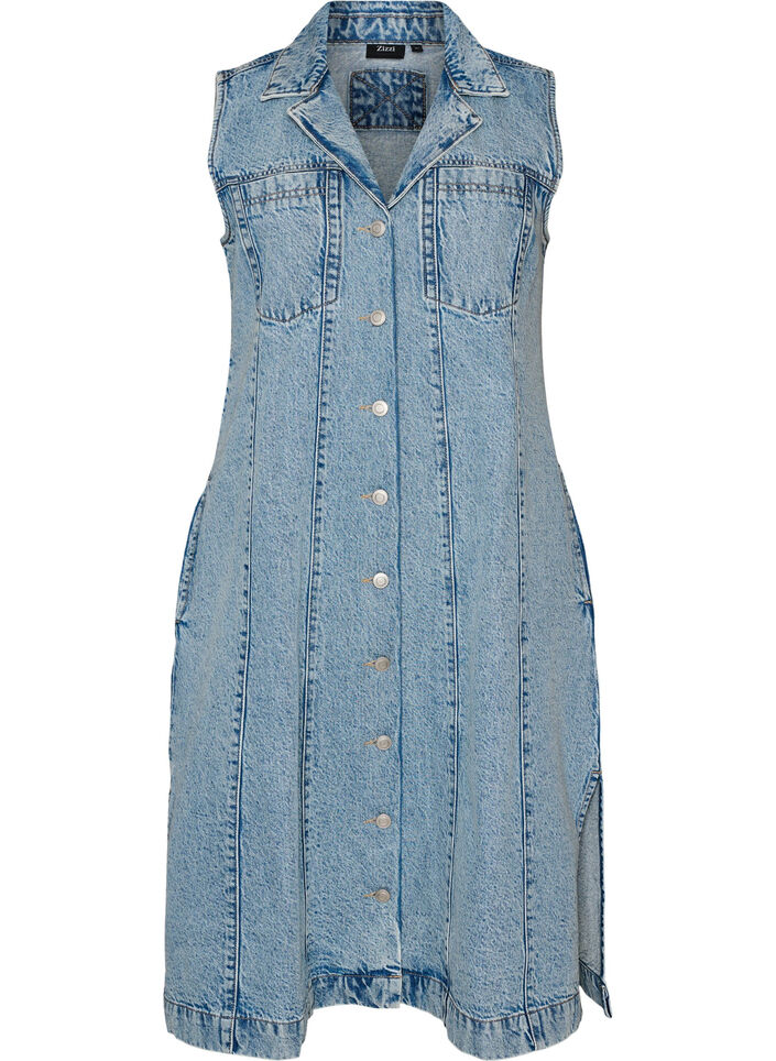 Mouwloze denimjurk met knoopsluiting en splitten, Blauw, Packshot
