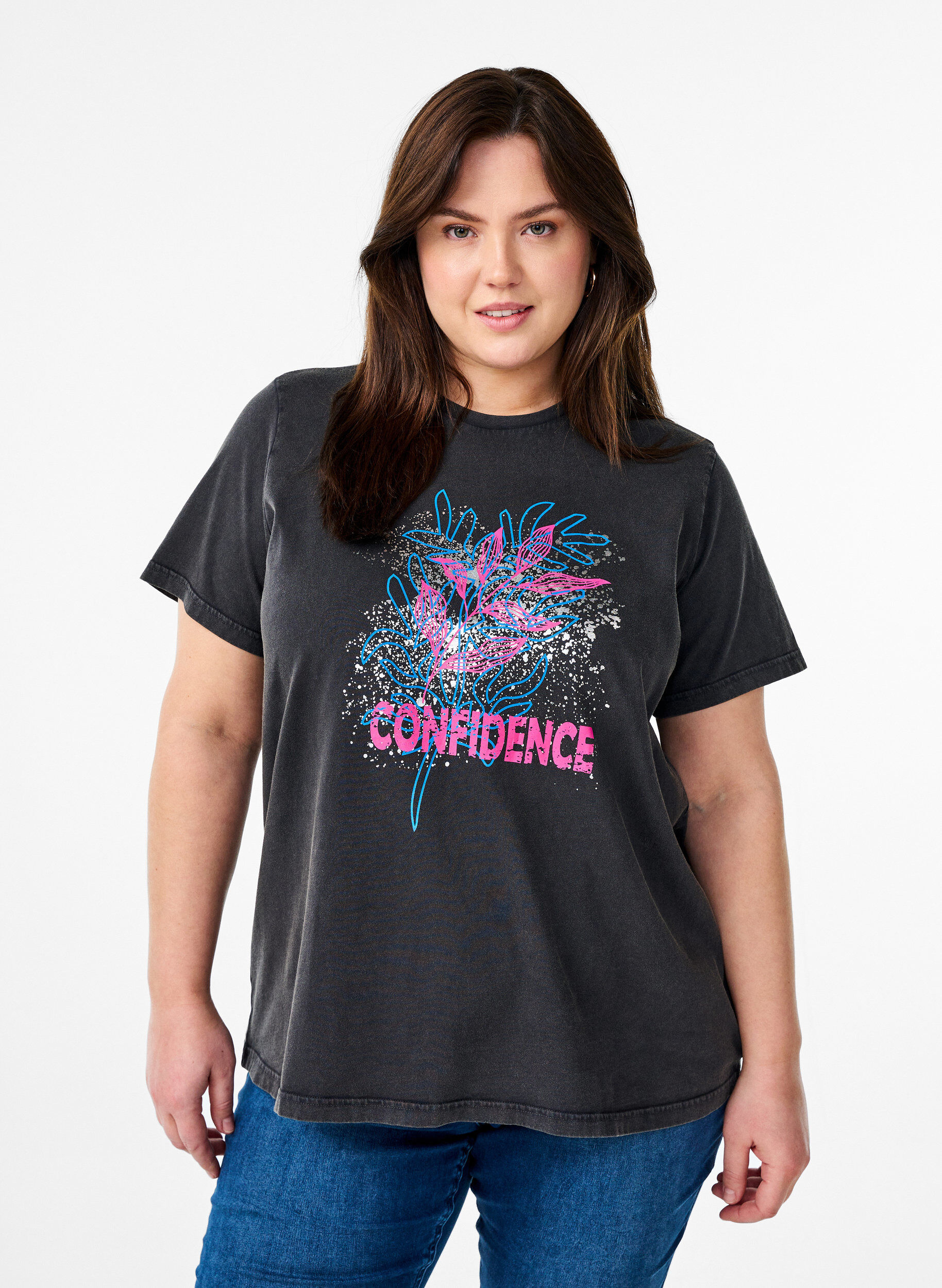 Zizzi T-shirt in biologisch katoen met een coole print, Grijs, Model image number 0