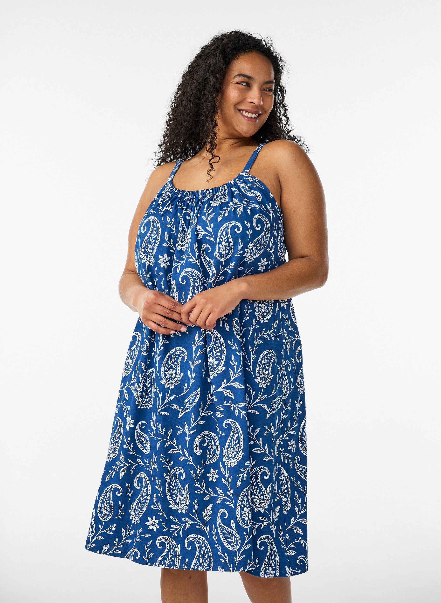 ZizziJurk met middelhoge bandjes van biologisch katoen, Blauw, Model image number 0