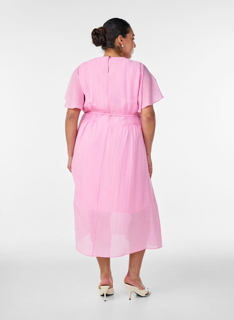 Enkellange jurk met vlindermouwen en strikceintuur, Roze, Model image number 1