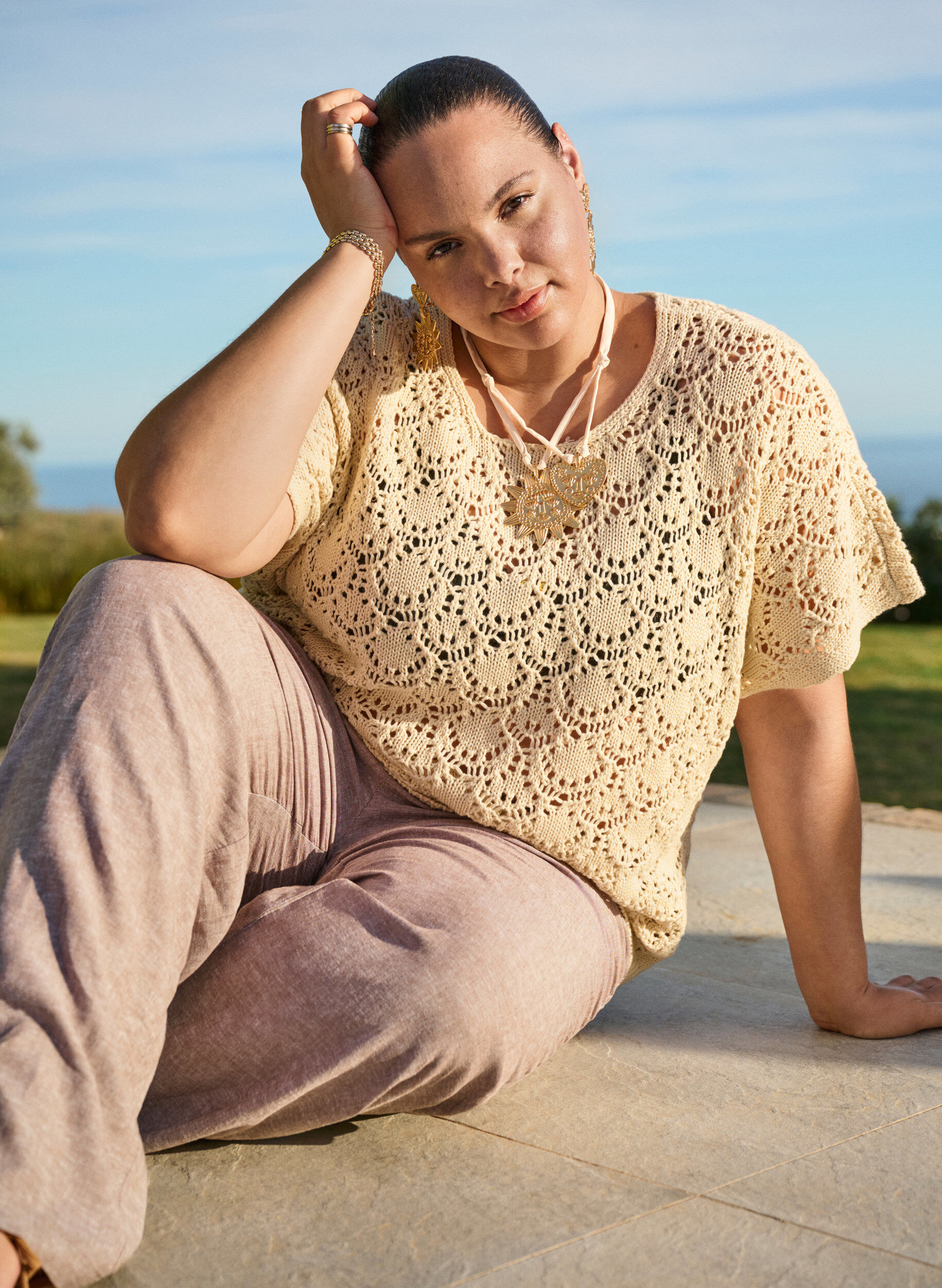 Zizzi Gebreide blouse met korte vleermuismouwen, Beige, Image image number 0