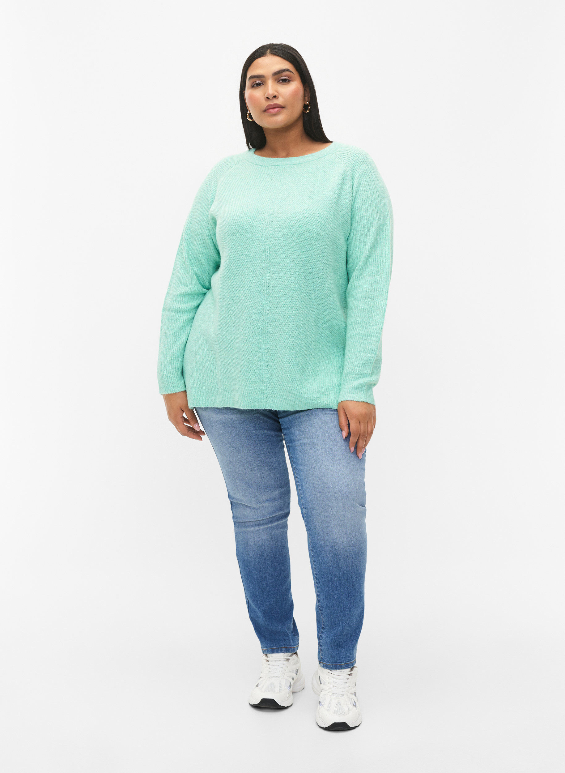 Zizzi Gem&ecirc;leerde pullover met zijsplit, Cabbage/White, Model image number 2