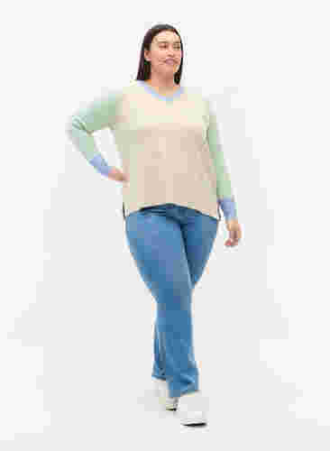 Gebreide blouse met colourblock en v-hals, Pumice Stone Mel.Com, Model image number 2